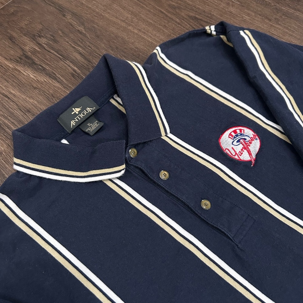 Antigua Men's Navy Polo with White and Tan Stripes